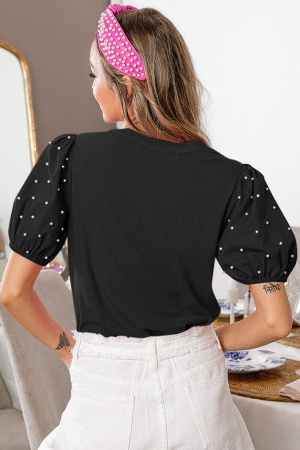 Black Pearl Beaded Puff Sleeve Top