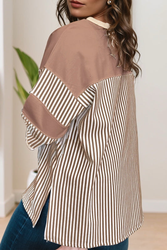 PLUS Khaki Stripe Patchwork Top