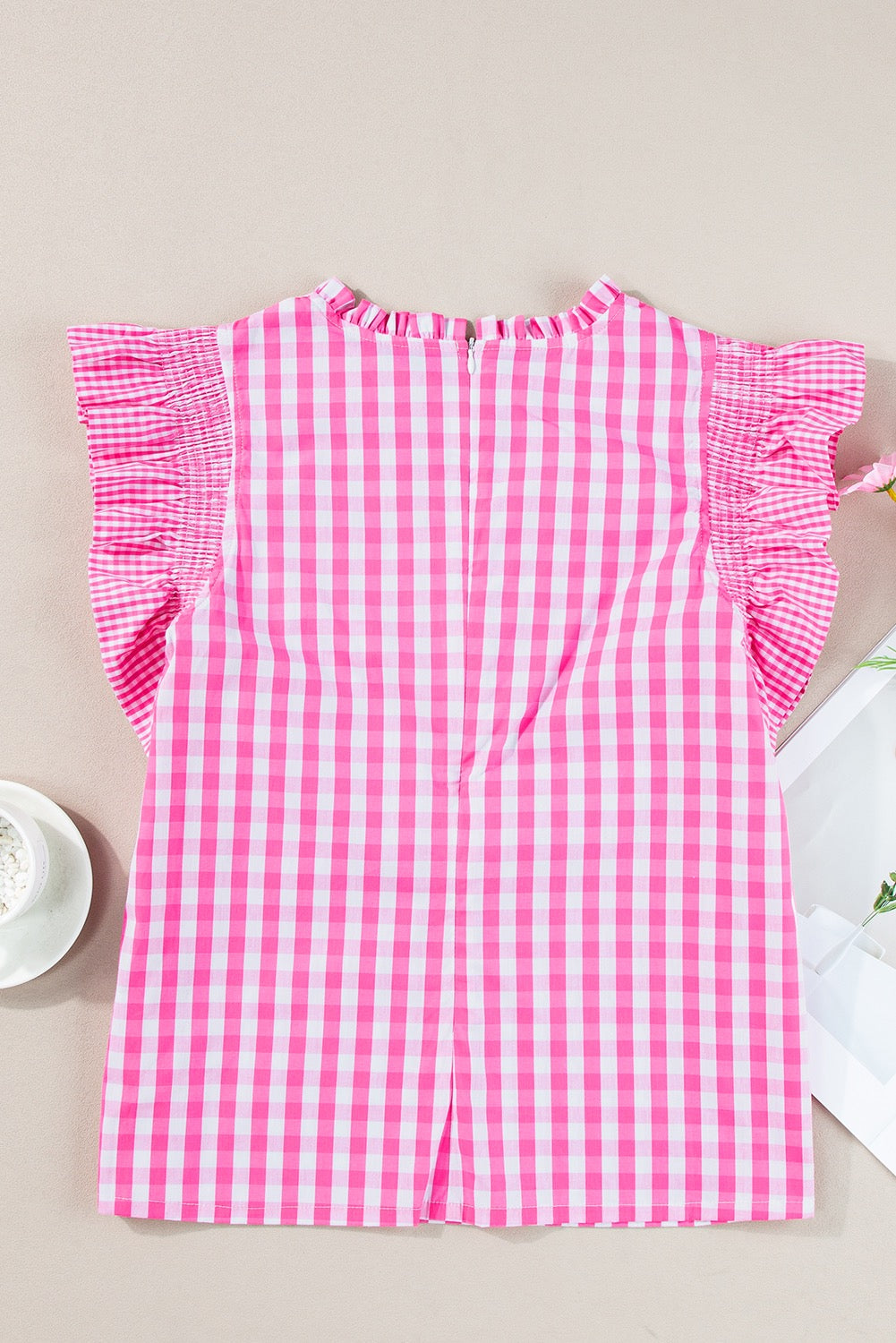 Pink Checkered Ruffled Sleeve Top