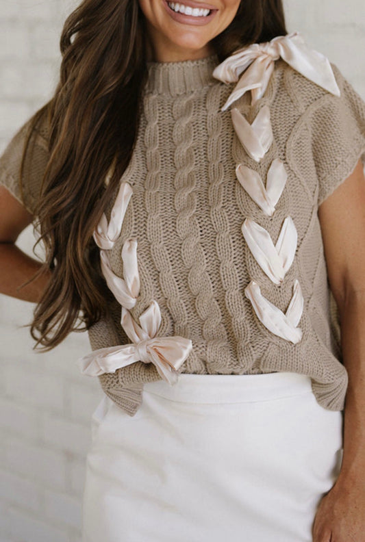 Taupe Knit Sweater with Satin Bows