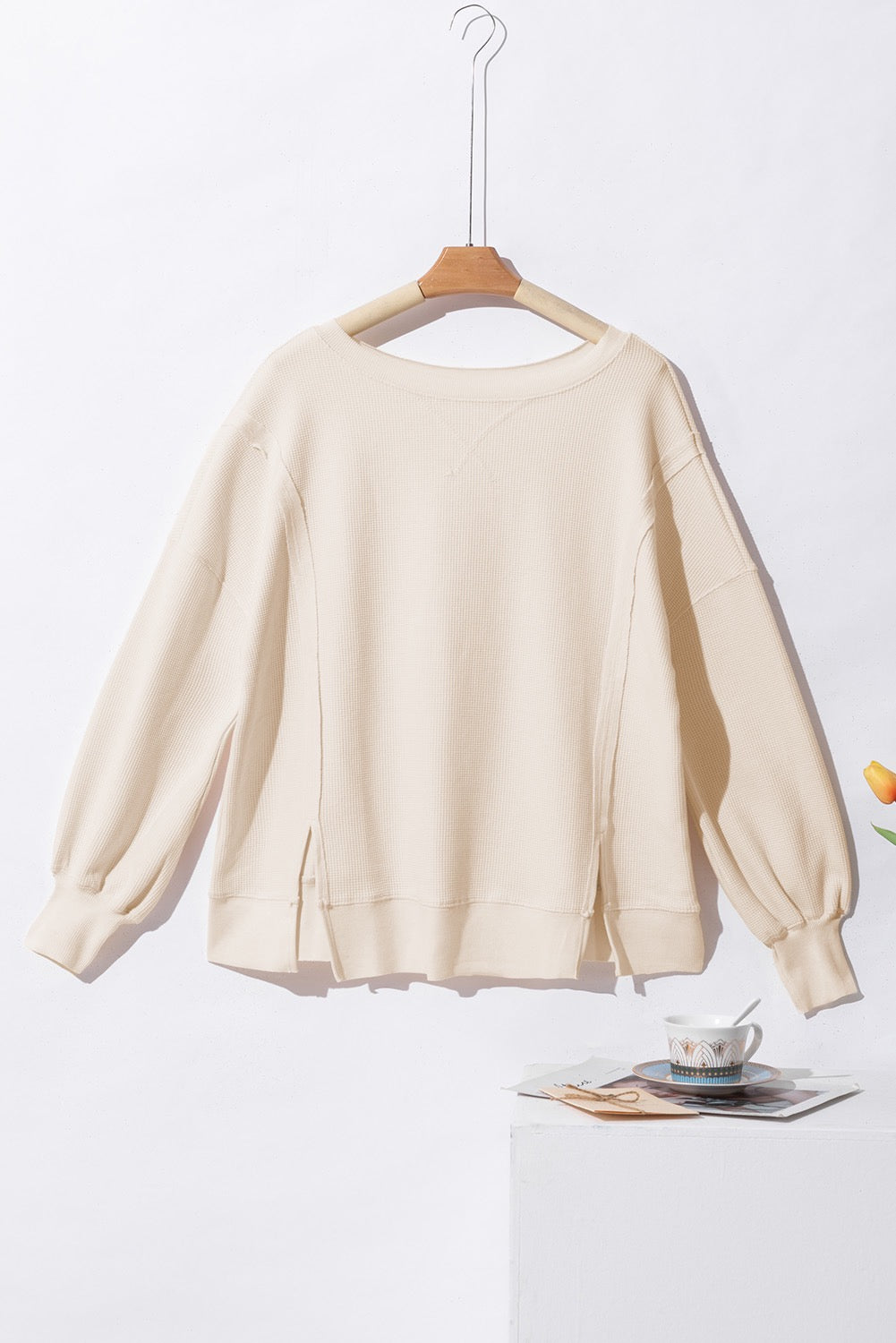 White Waffle Knit Long Sleeve Top