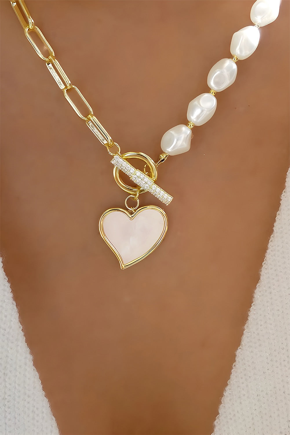 Gold Bow Rhinestone Pearl Chain Necklace