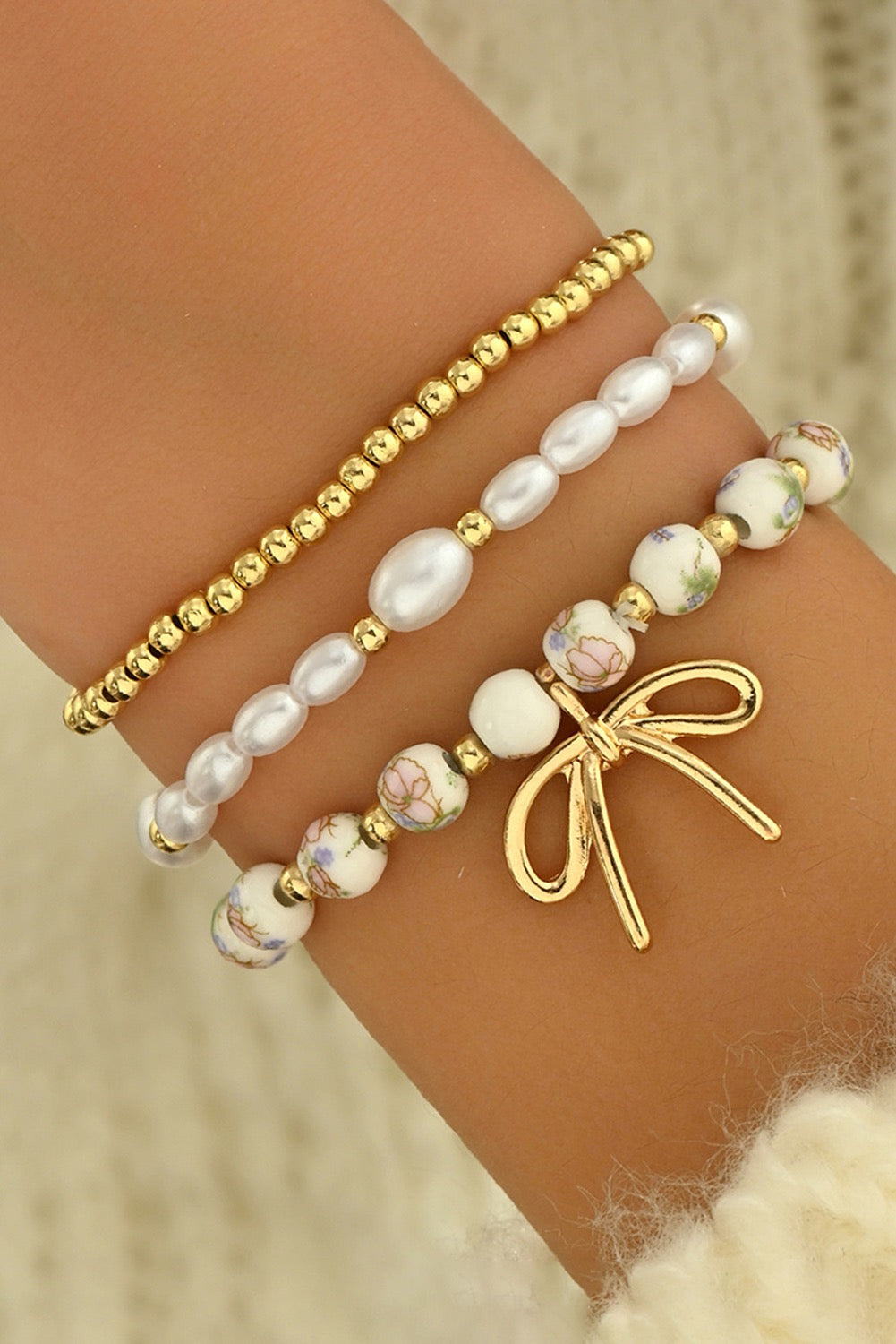 Gold Bow Charm- Floral Triple Stack