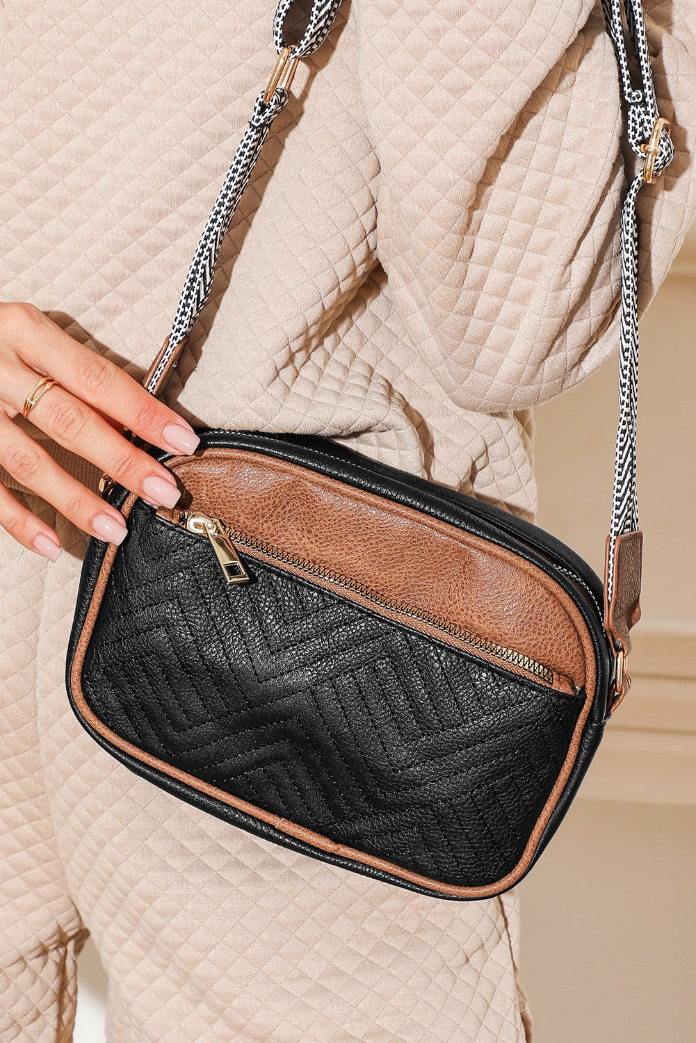 Black Faux Leather Quilted Cross Body