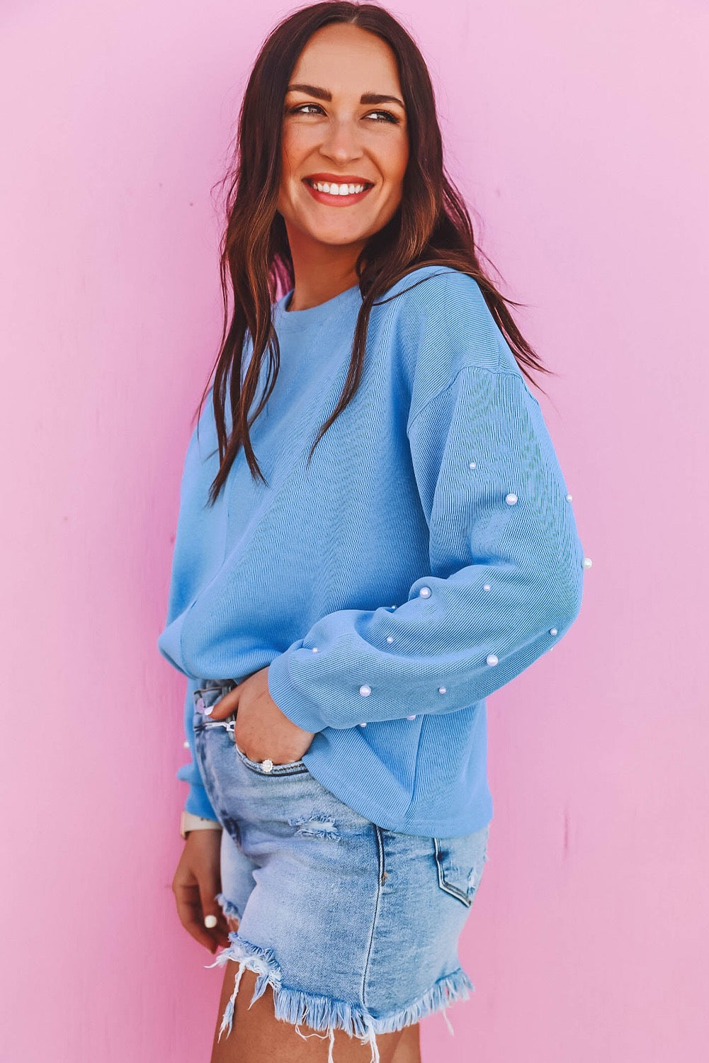 Light Blue Pearled Long Sleeve Sweater