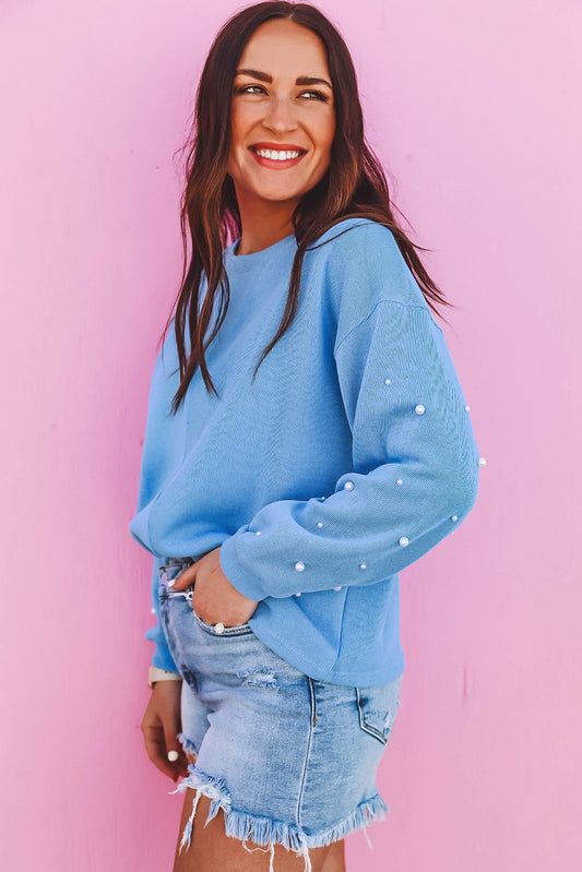Light Blue Pearled Long Sleeve Sweater