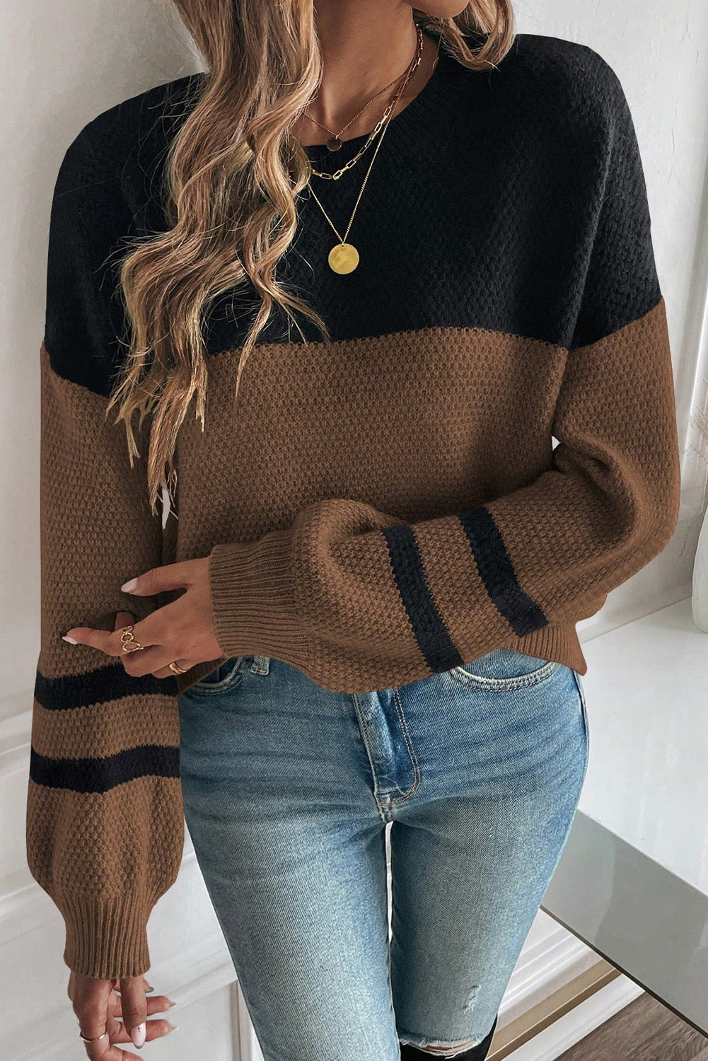 Chestnut Color Block Knit Long Sleeve