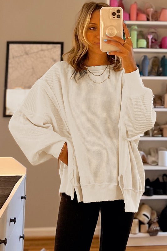 White Waffle Knit Long Sleeve Top