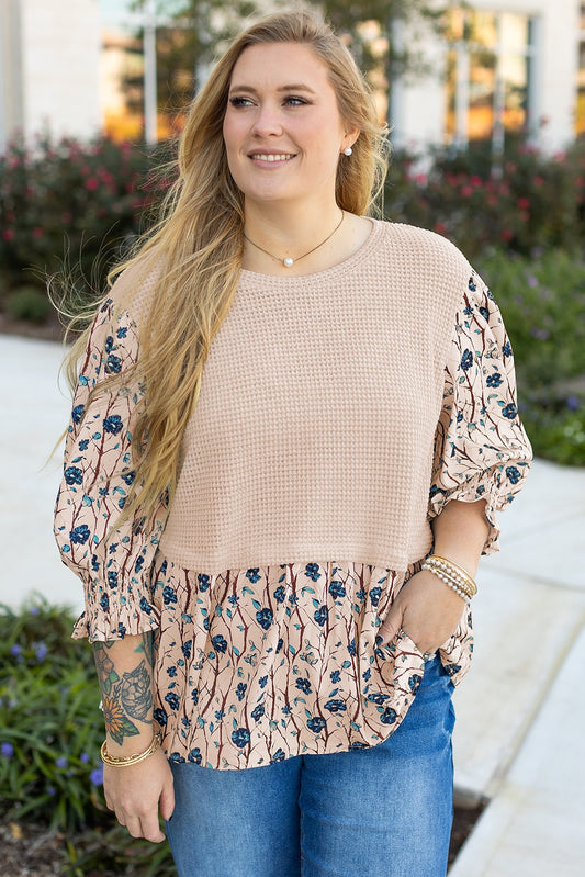 Plus Beige Knit Floral Patchwork Top