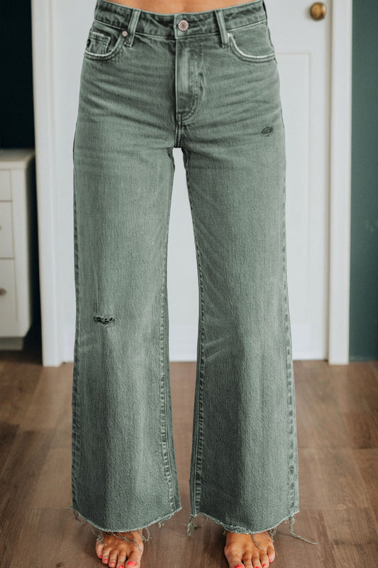 Green Distressed Raw Hem Jeans