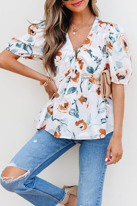 Green Floral Puff Sleeve Top