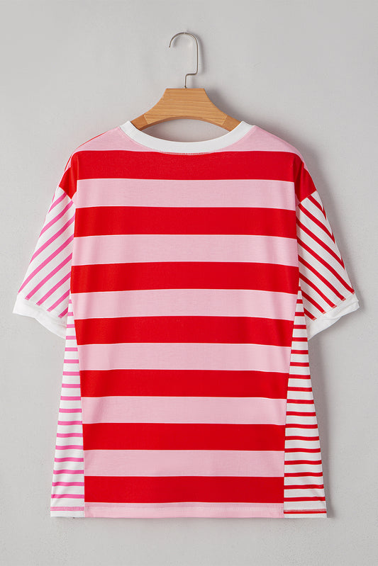 Pink Stripe Patchwork Round Neck Top