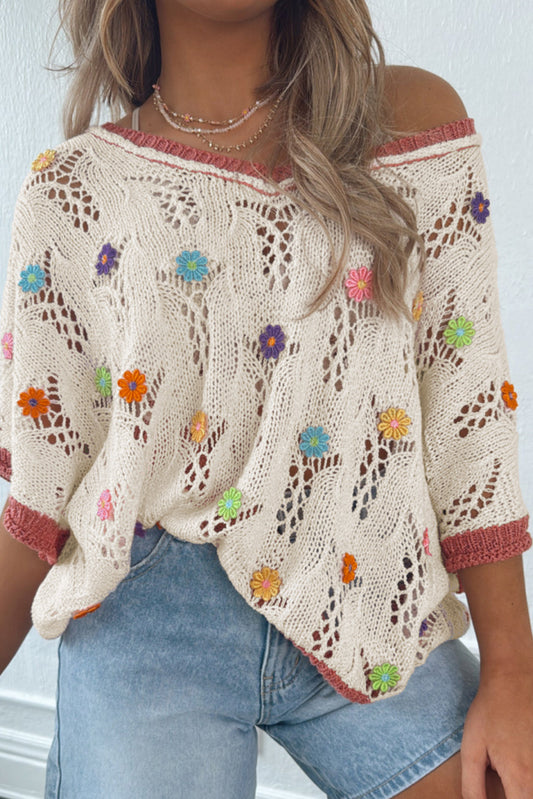 Embroidered Floral Short Sleeve Sweater