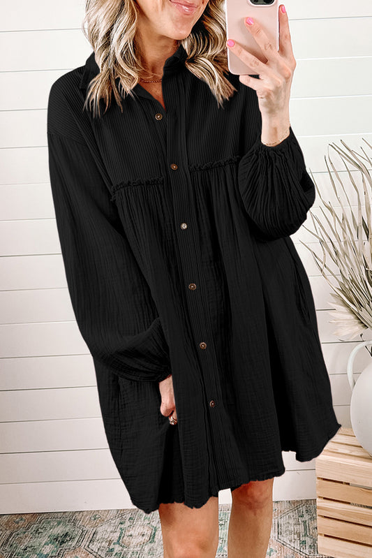 Black Crinkle Puff Sleeve Dress