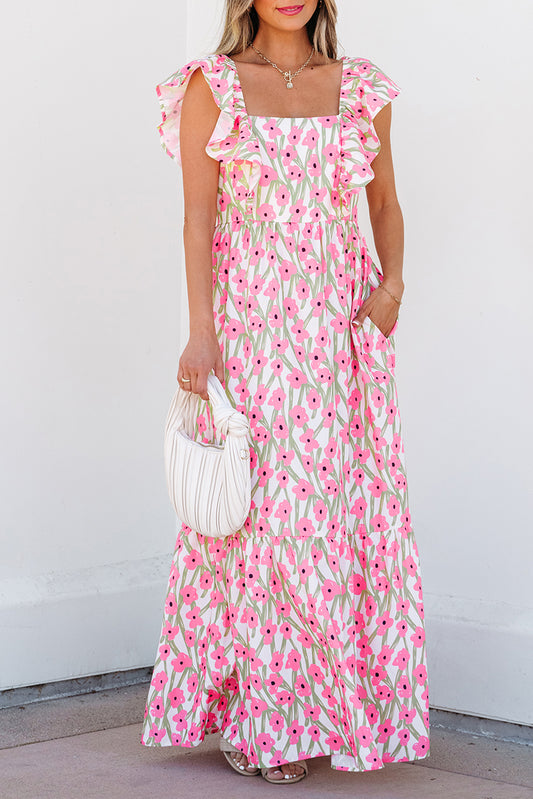 Pink Floral Ruffle Maxi Dress