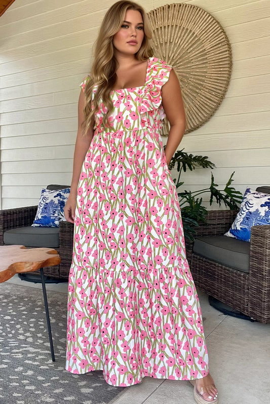 Plus Pink Floral Ruffle Maxi Dress